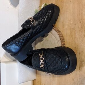 Cato Chunky Black Quilted Platform Loafers Gold Chain Detail Slip On Size 11